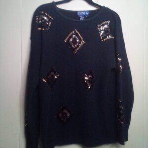 Le Chois Sweater L Long Sleeve Pullover Sequins Black Silk Blend